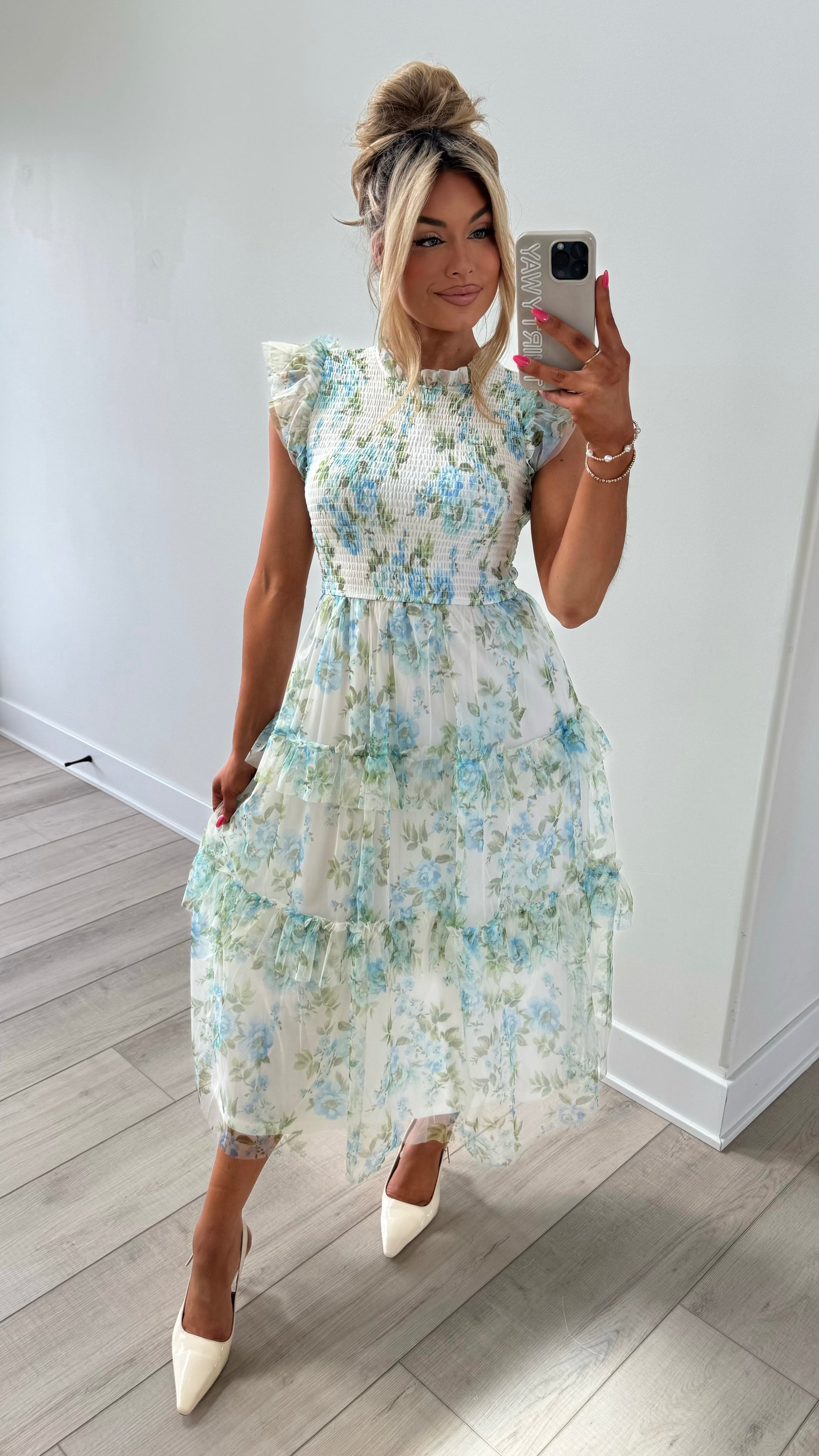 BRIDGERTON FLORAL TULLE MIDI DRESS BLUE FLORAL