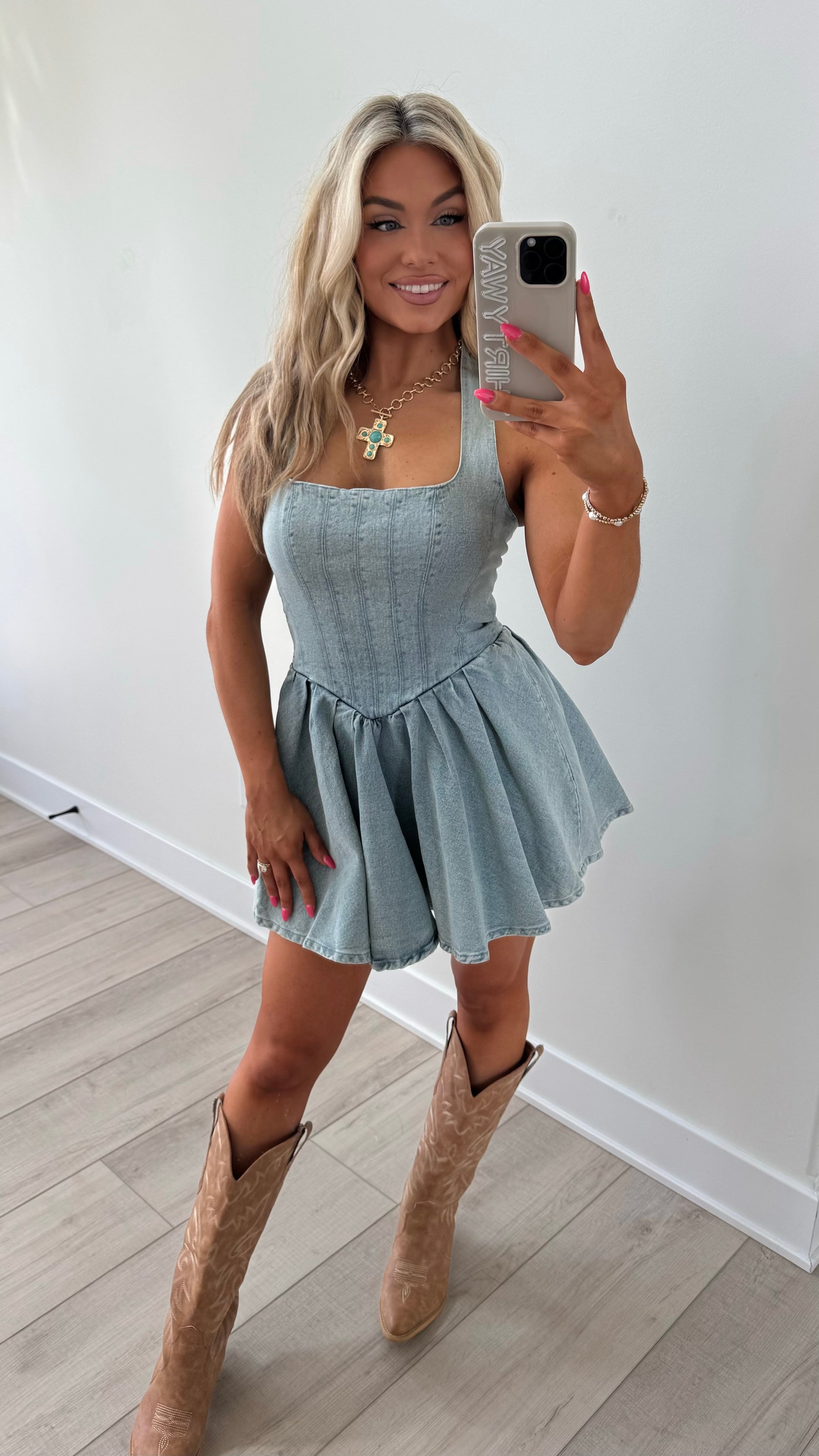 BLUE SPUR HALTER DENIM DRESS