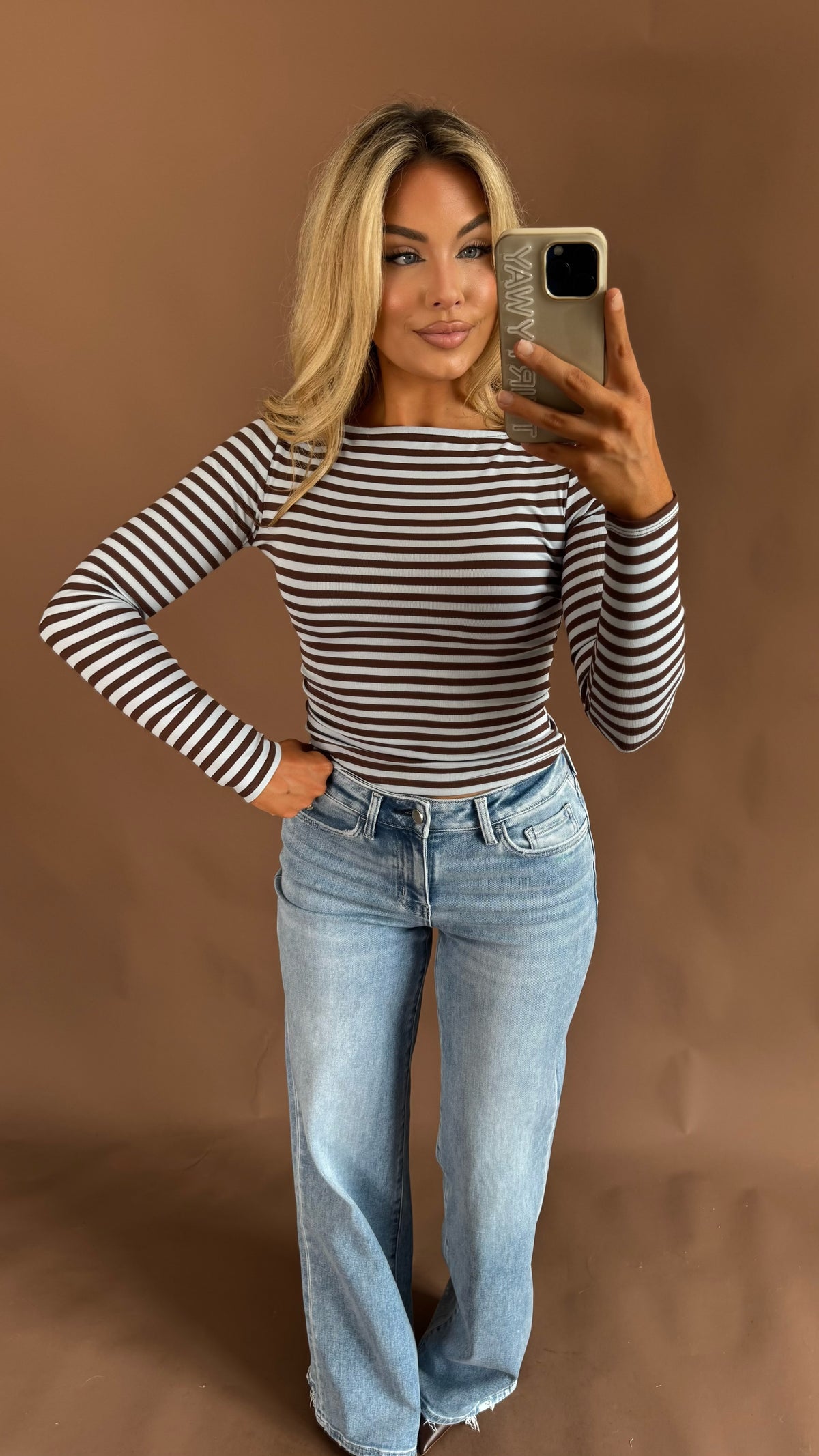 ZOE STRIPED BOAT NECK TOP BLUE/BROWN