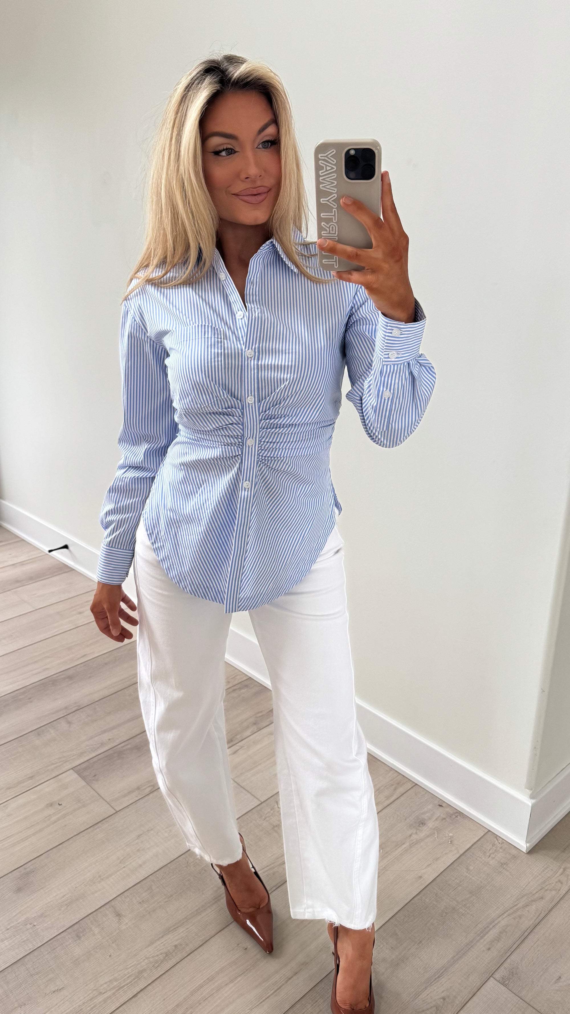 DOLCE RUCHED BUTTON DOWN TOP BLUE