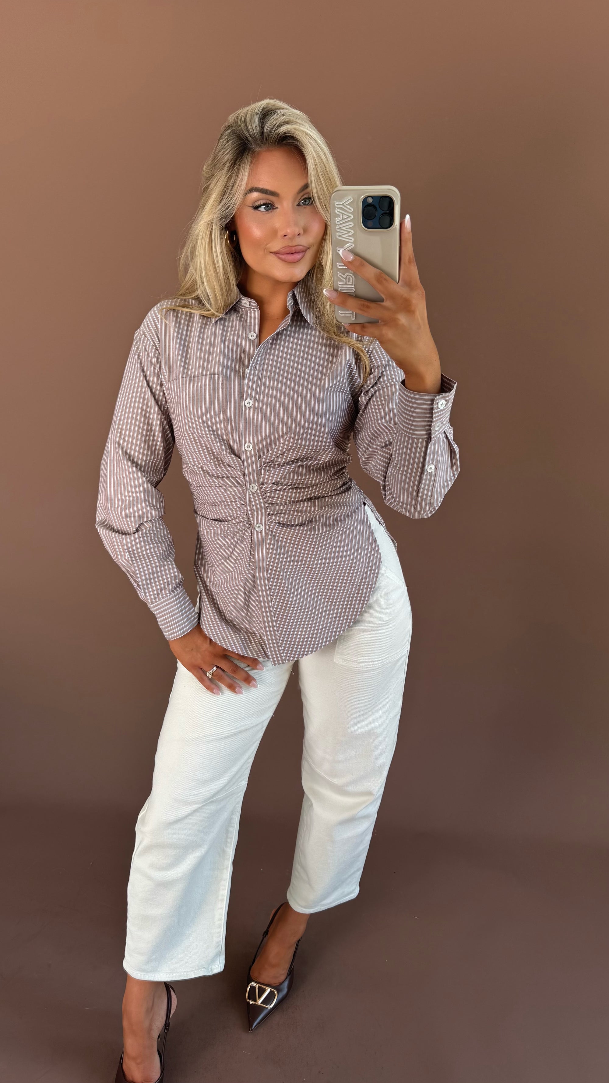 DOLCE RUCHED BUTTON DOWN TOP BROWN STRIPE