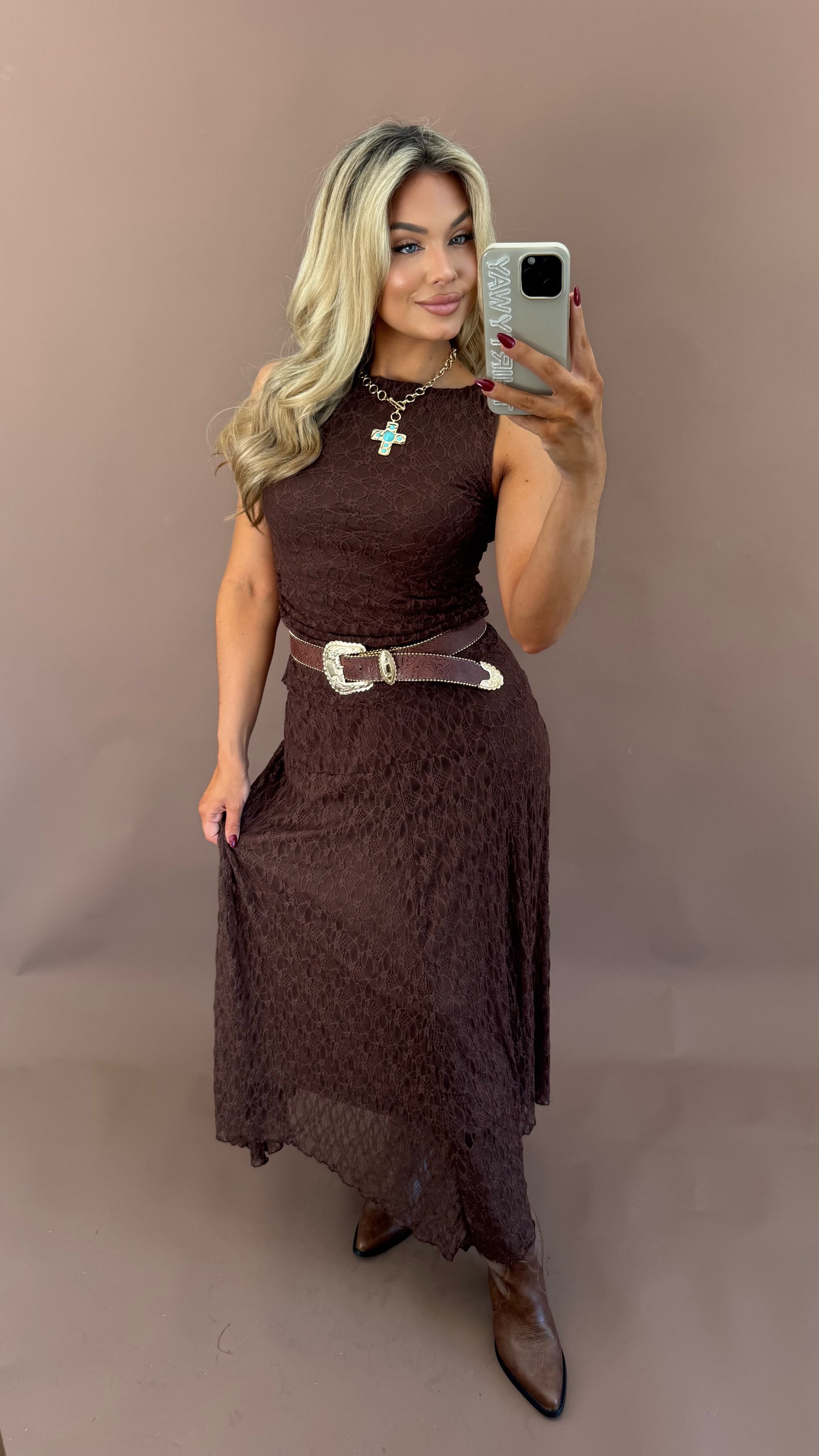 LACE MAXI SKIRT BROWN