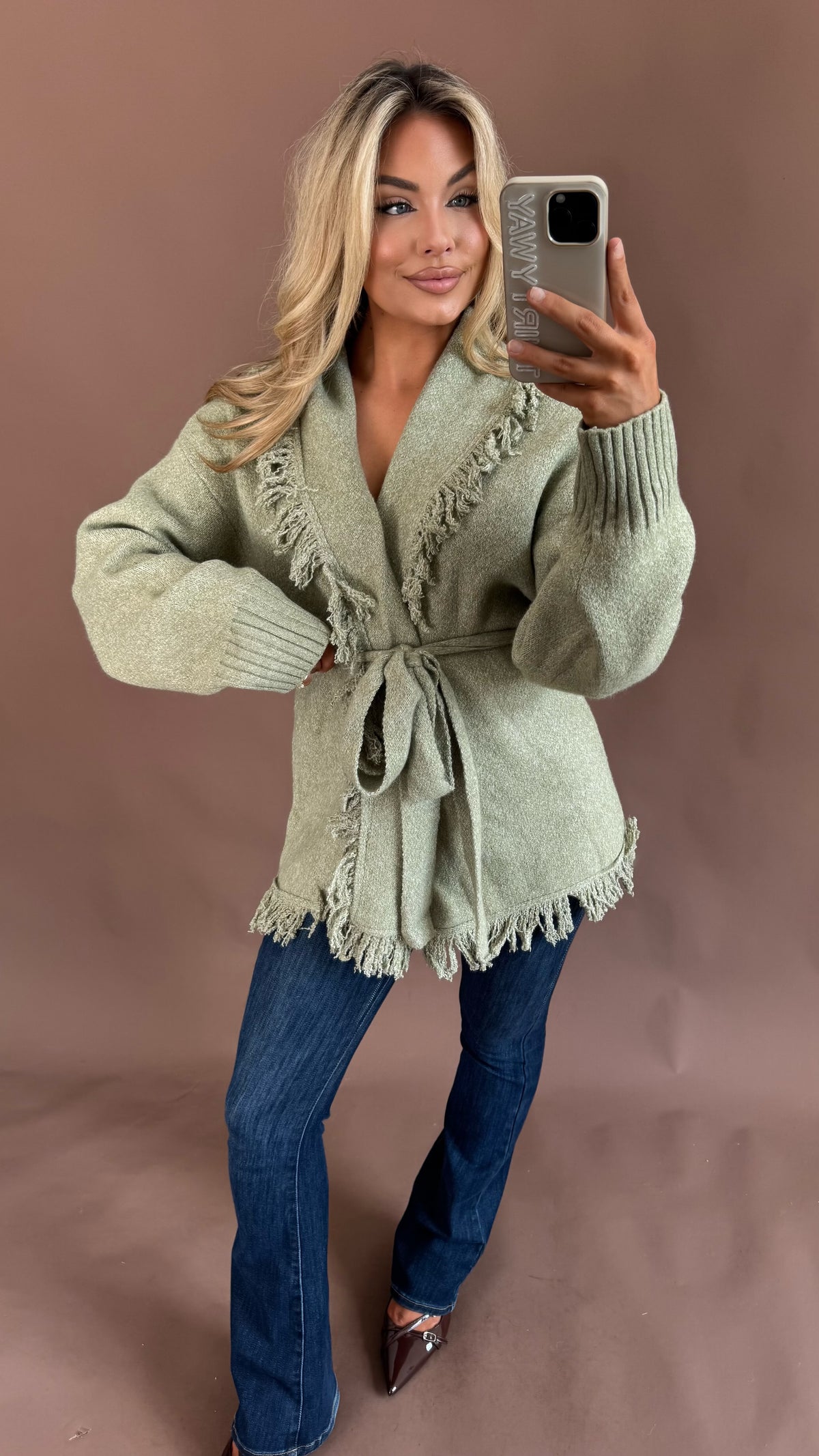BAREFOOT FRINGE CARDIGAN SAGE