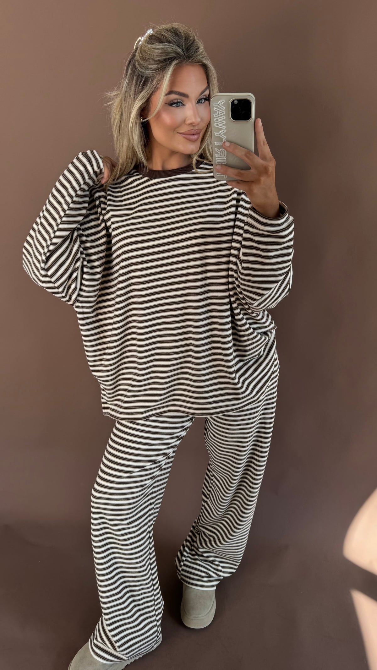 CABIN FEVER OVERSIZED FLEECE TOP MULTI BROWN STRIPE