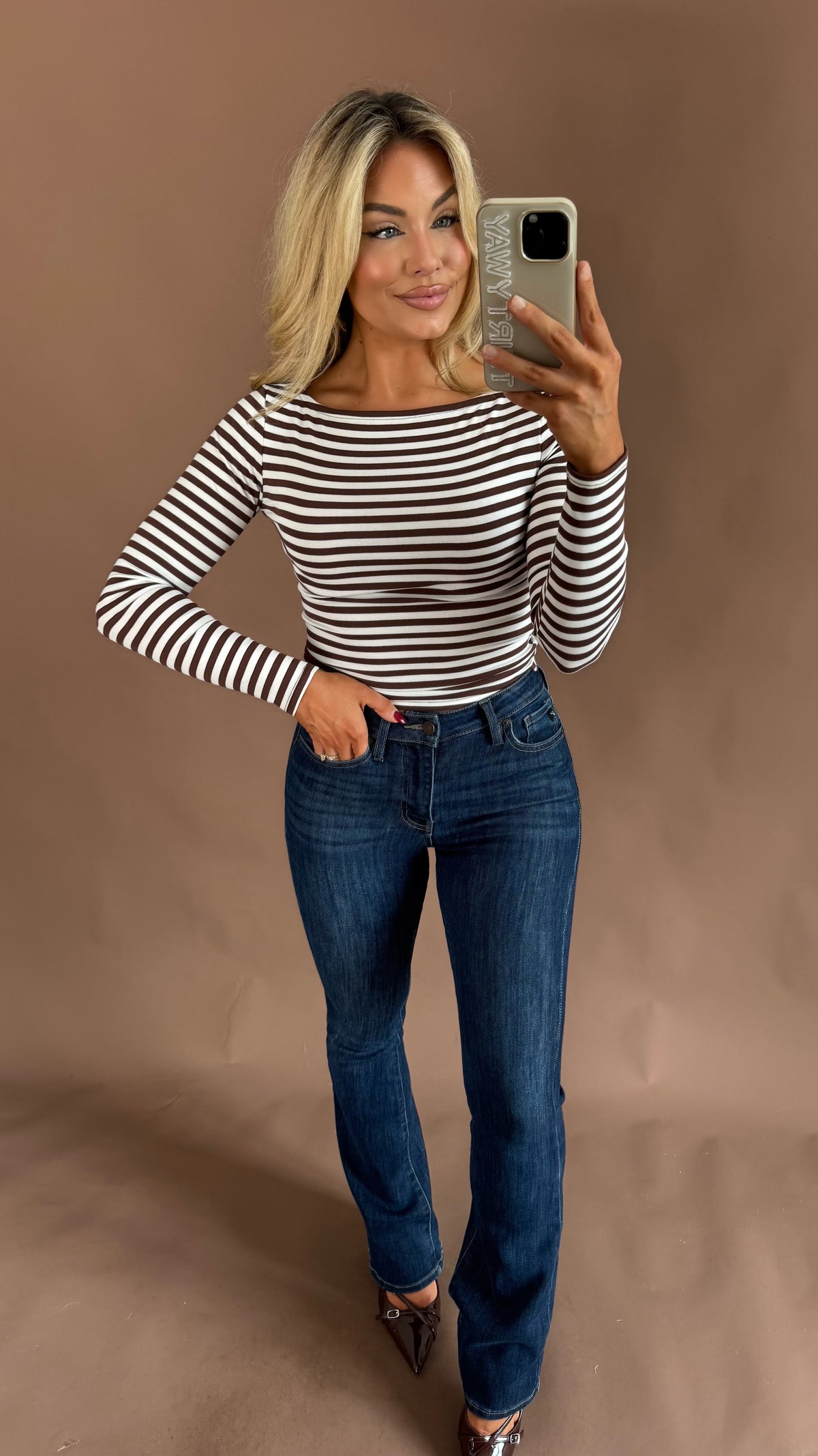 ZOE STRIPED BOAT NECK TOP CREAM/BROWN