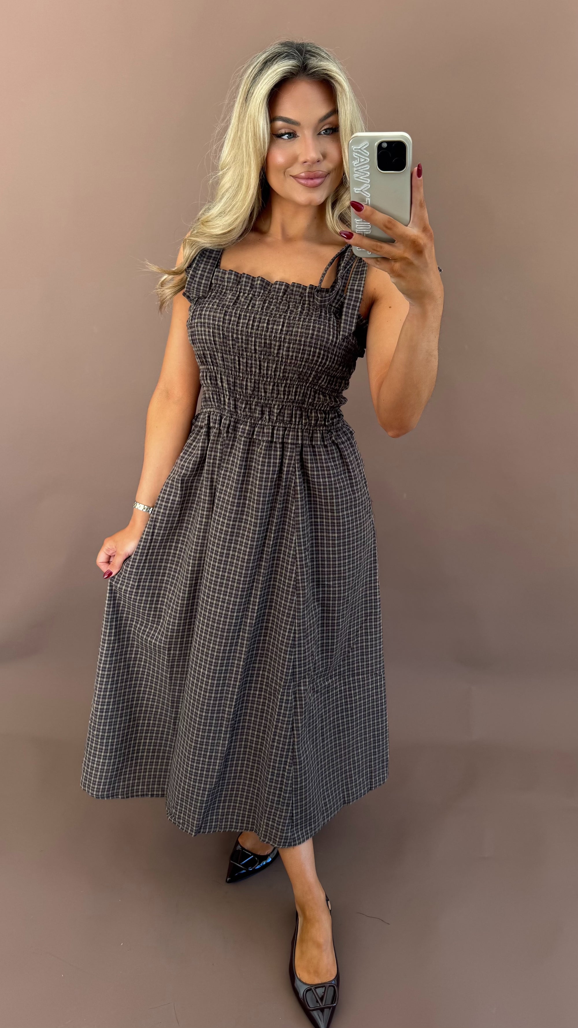HICKORY PLAID MIDI DRESS BROWN