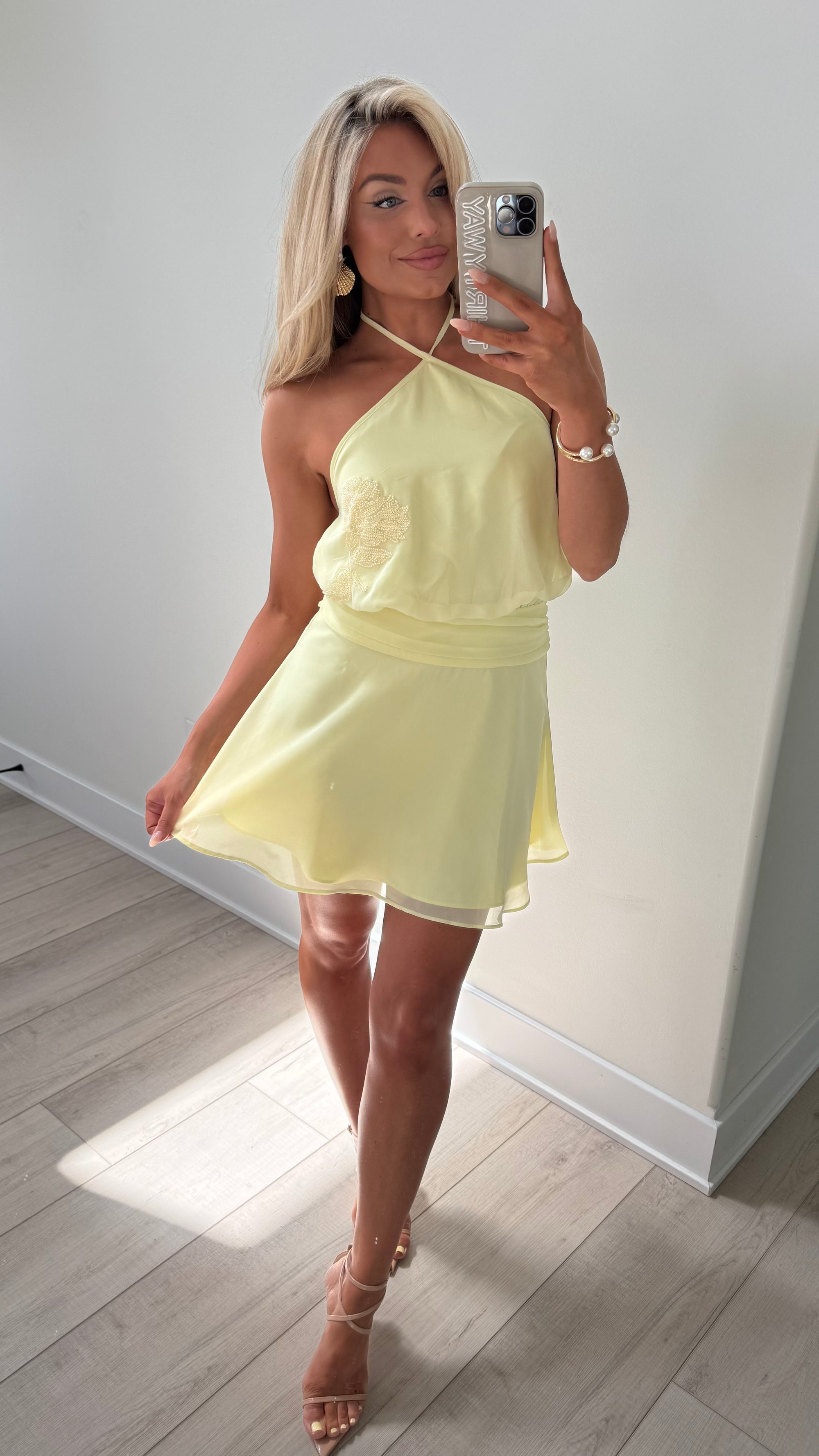 LEMON SQUEEZE HALTER MINI DRESS
