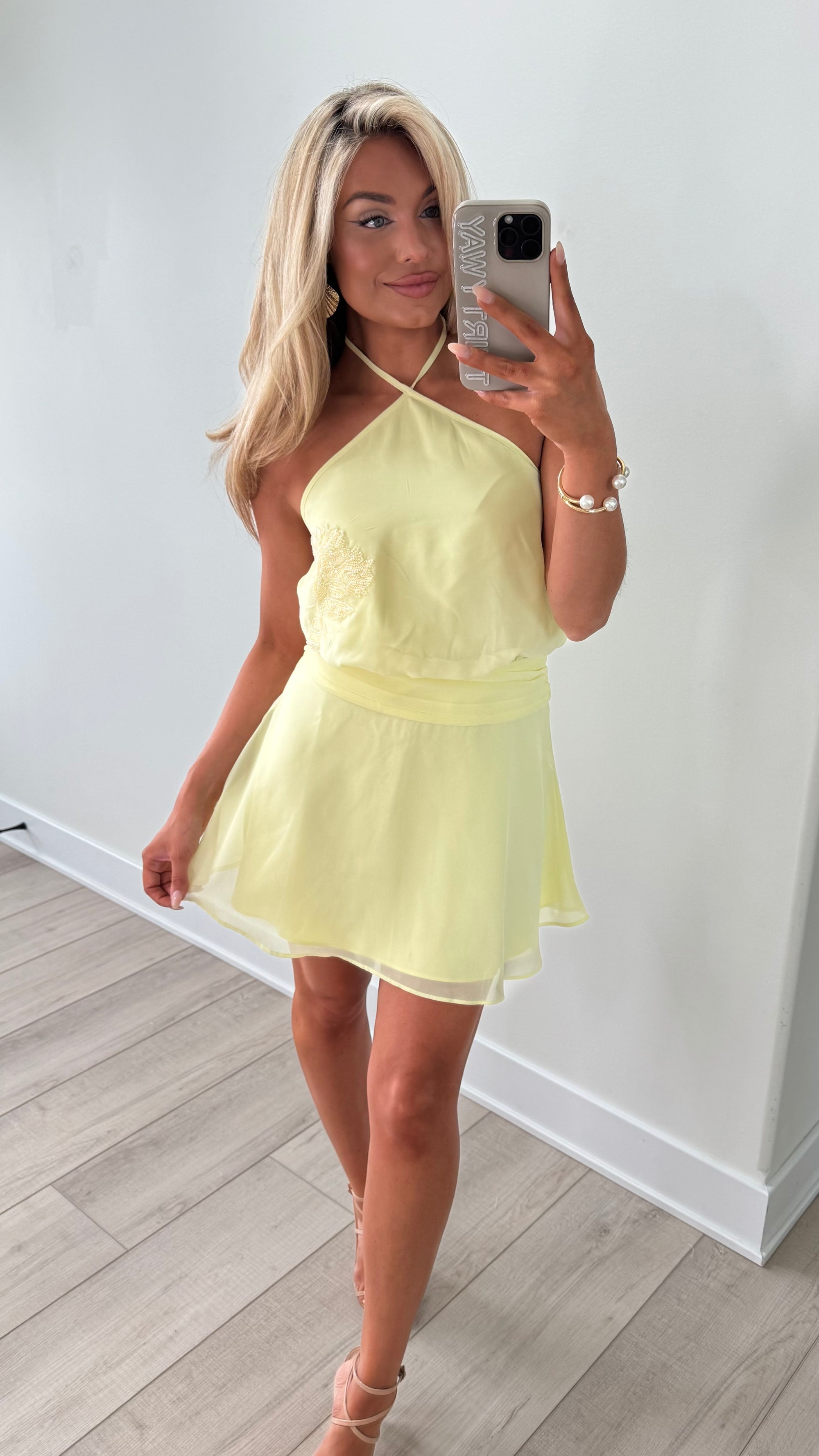 LEMON SQUEEZE HALTER MINI DRESS