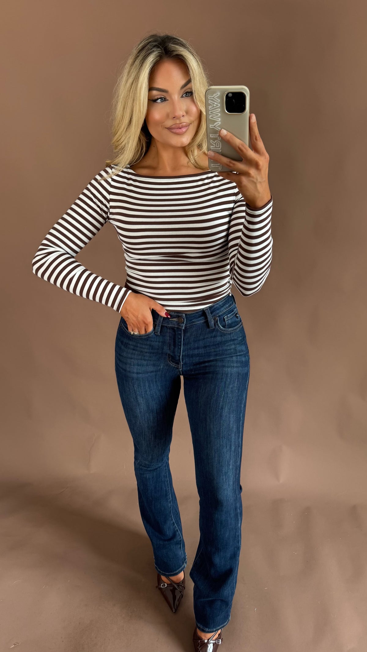 ZOE STRIPED BOAT NECK TOP CREAM/BROWN