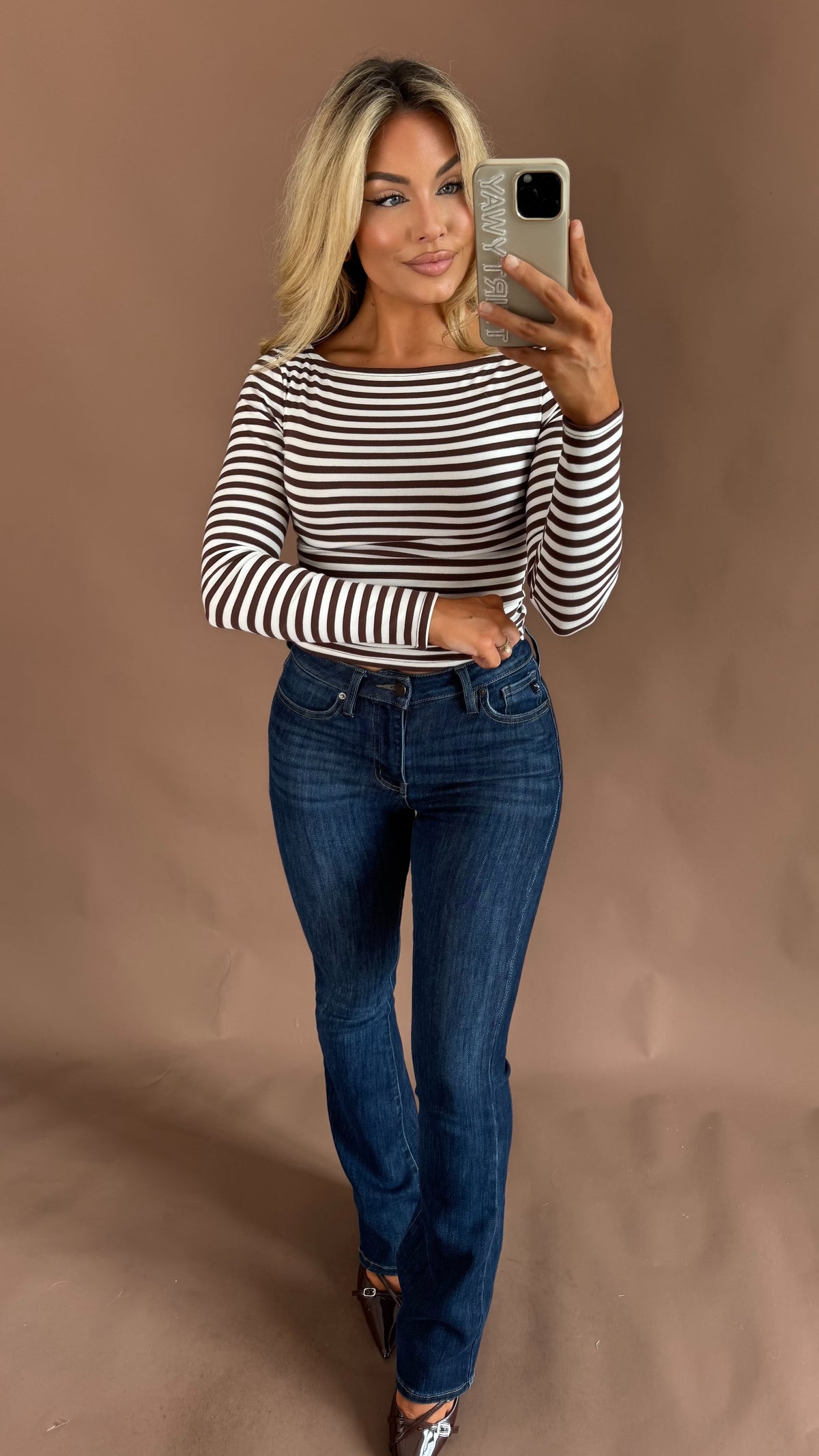 ZOE STRIPED BOAT NECK TOP CREAM/BROWN