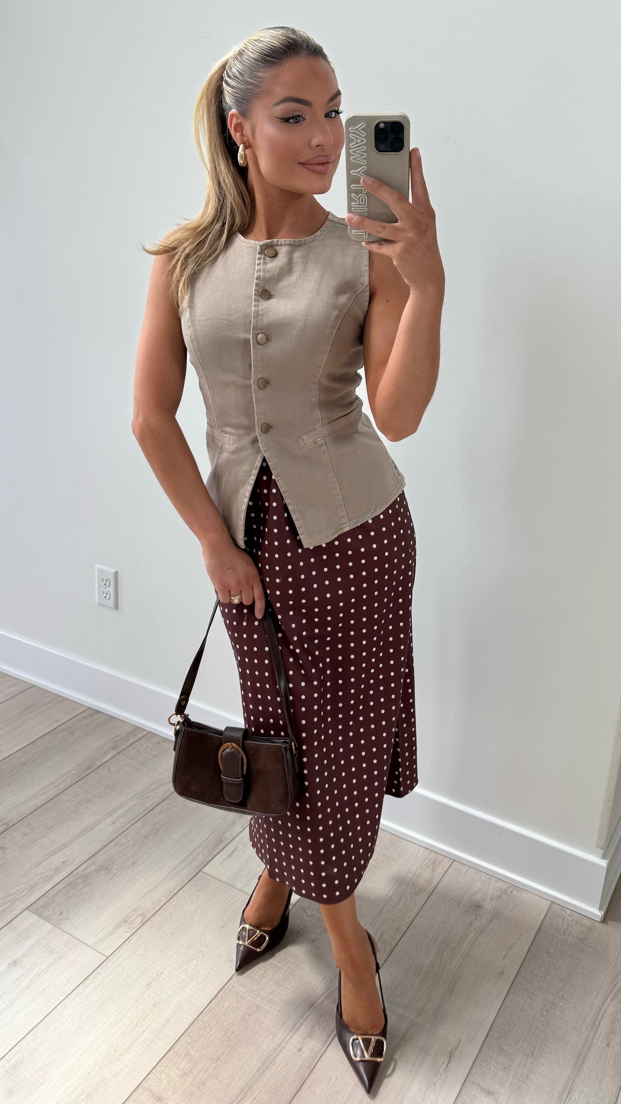 BROWN POLKA DOT MIDI SKIRT