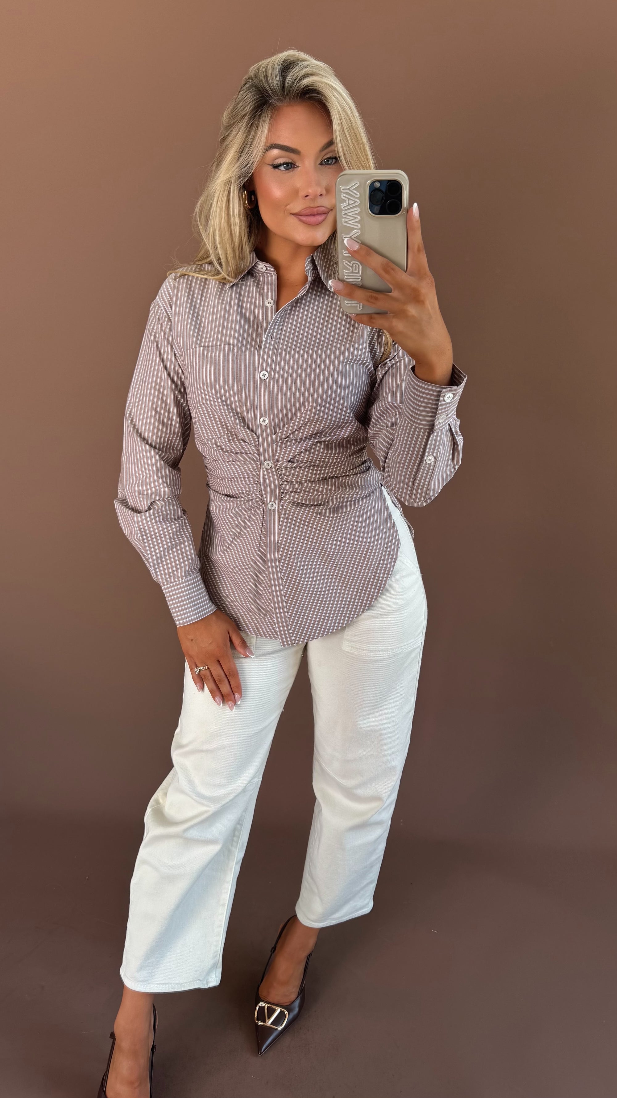 DOLCE RUCHED BUTTON DOWN TOP BROWN STRIPE