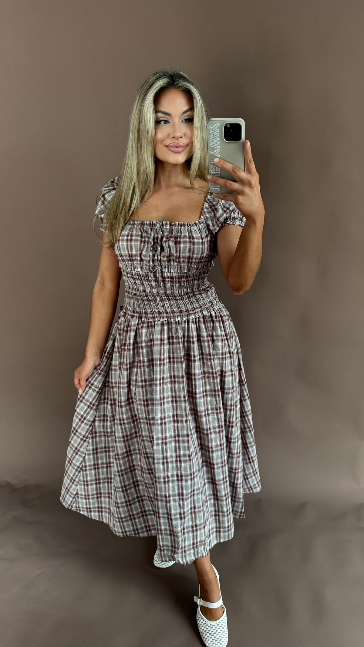 BERRY PLAID SMOCKED MAXI DRESS